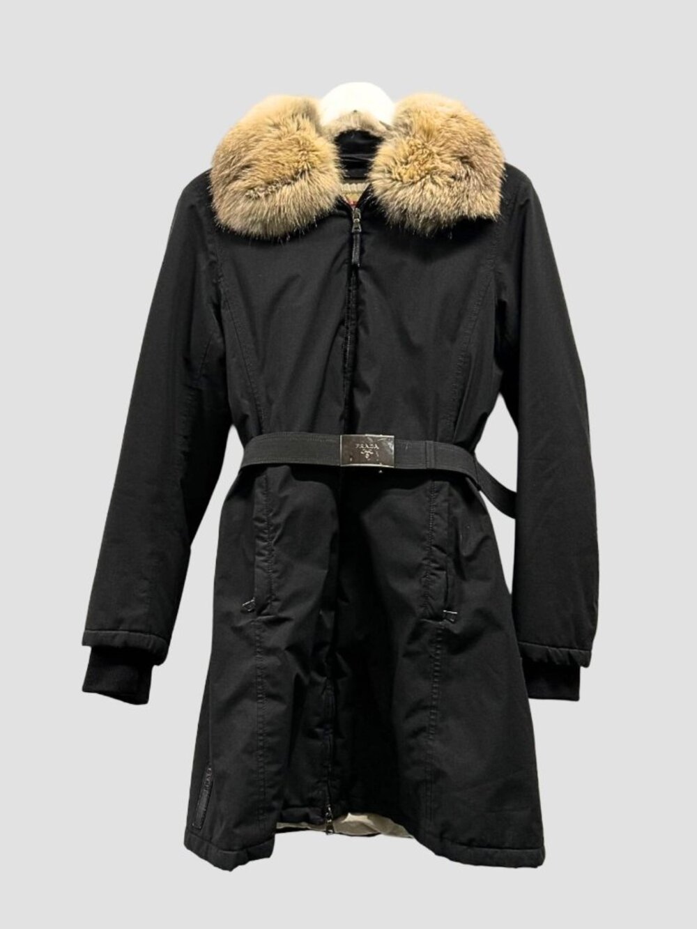 PRADA A/W 2006 Black Gore-Tex Fox Fur Collar Logo Belted Padded Coat